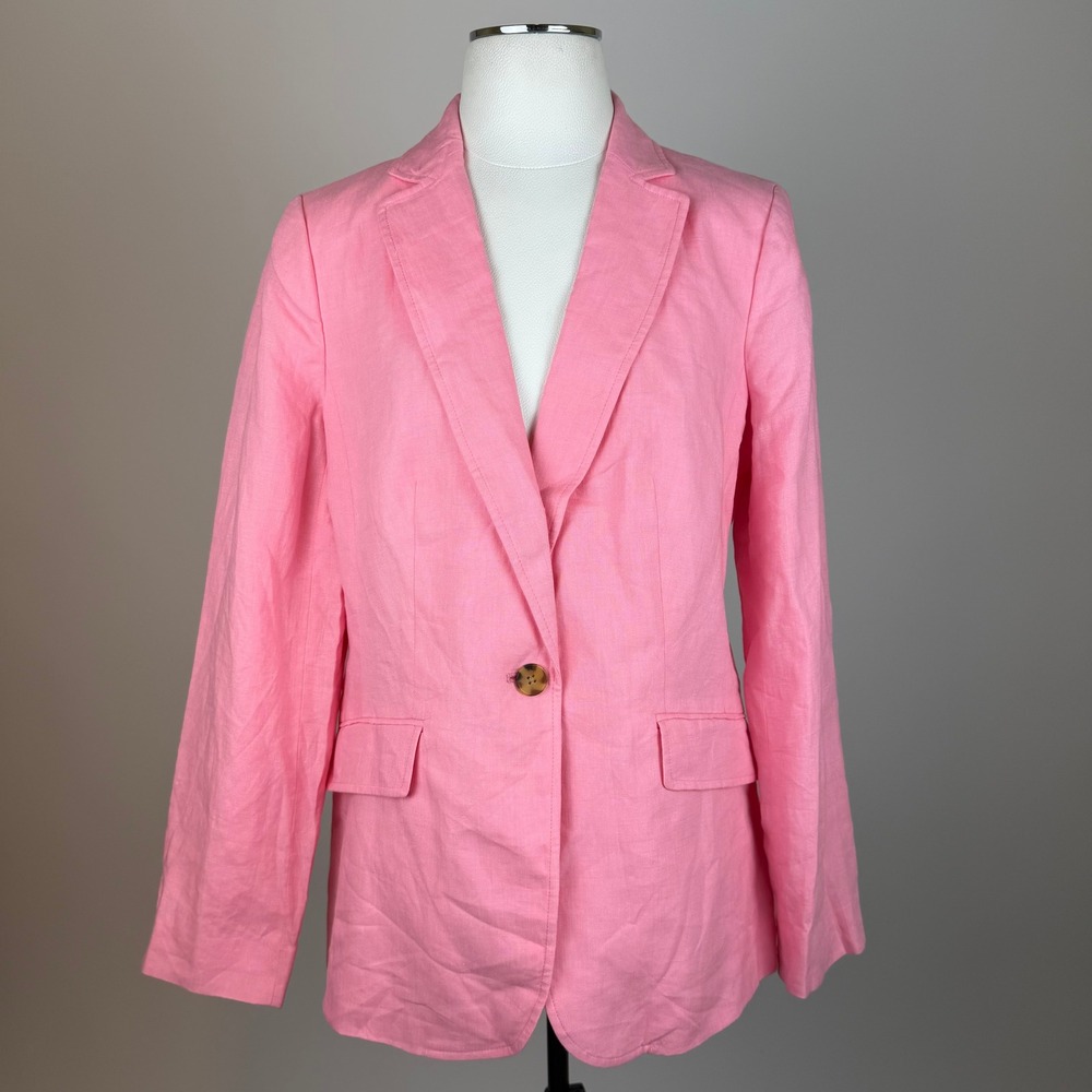 Talbots Pink 100% Linen One Button Blazer Jacket Womens Sz 12 Barbie Core Office